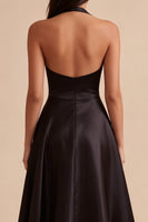 Load image into Gallery viewer, Simple Black Satin A Line Halter V Neck Long Formal Dress