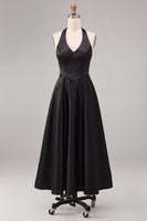 Load image into Gallery viewer, Simple Black Satin A Line Halter V Neck Long Formal Dress