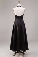 Load image into Gallery viewer, Simple Black Satin A Line Halter V Neck Long Formal Dress