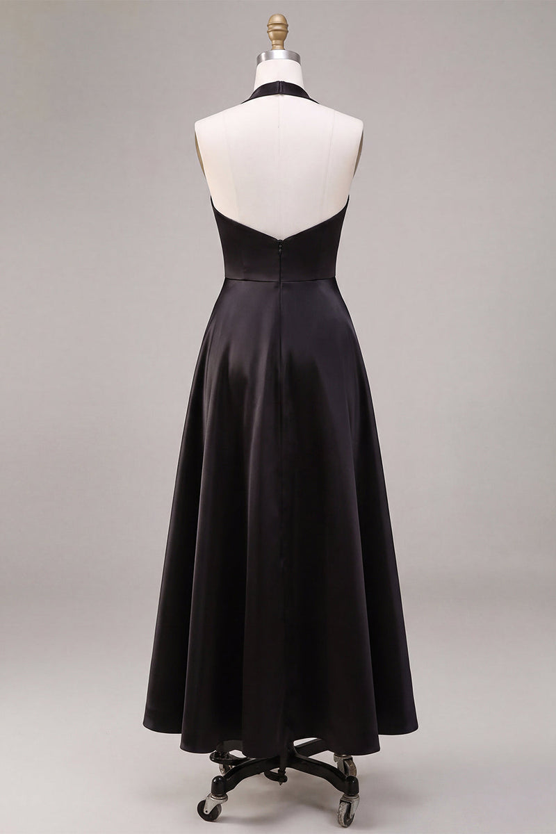 Load image into Gallery viewer, Simple Black Satin A Line Halter V Neck Long Formal Dress