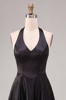 Load image into Gallery viewer, Simple Black Satin A Line Halter V Neck Long Formal Dress