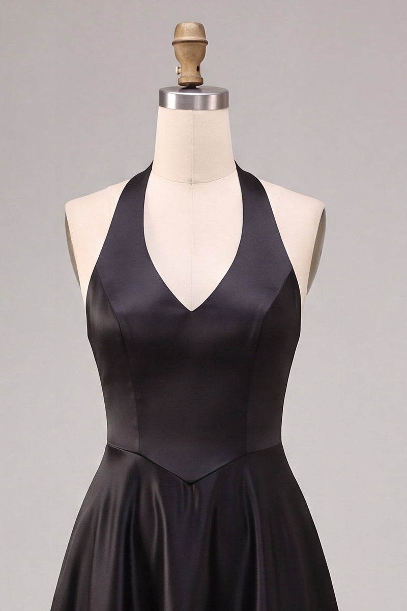 Load image into Gallery viewer, Simple Black Satin A Line Halter V Neck Long Formal Dress