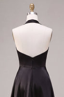 Load image into Gallery viewer, Simple Black Satin A Line Halter V Neck Long Formal Dress