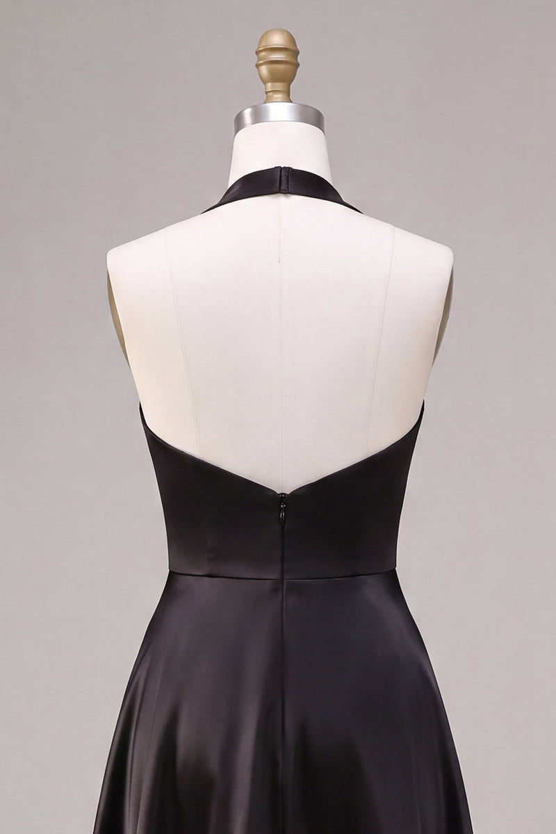 Load image into Gallery viewer, Simple Black Satin A Line Halter V Neck Long Formal Dress