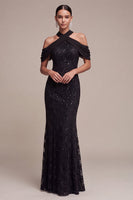 Load image into Gallery viewer, Sparkly Black Mermaid Cold Shoulder Sequins Long Formal Dress