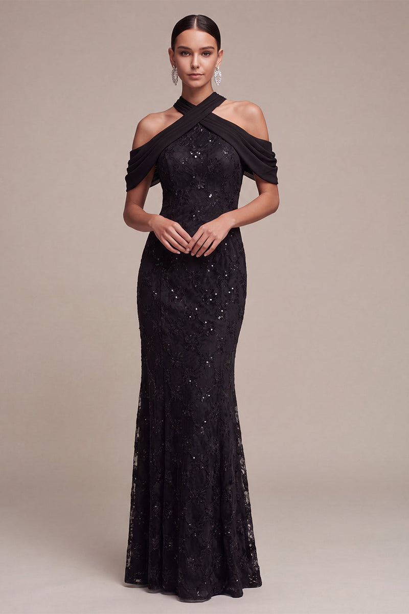 Load image into Gallery viewer, Sparkly Black Mermaid Cold Shoulder Sequins Long Formal Dress