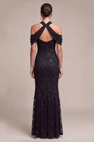 Load image into Gallery viewer, Sparkly Black Mermaid Cold Shoulder Sequins Long Formal Dress