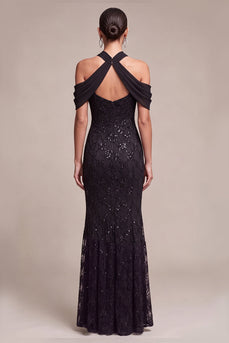 Sparkly Black Mermaid Cold Shoulder Sequins Long Formal Dress