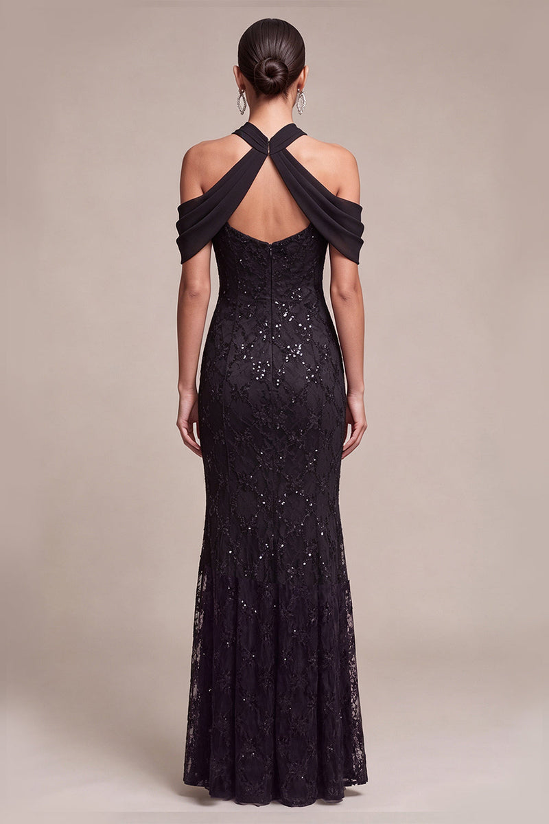 Load image into Gallery viewer, Sparkly Black Mermaid Cold Shoulder Sequins Long Formal Dress