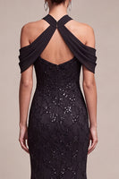 Load image into Gallery viewer, Sparkly Black Mermaid Cold Shoulder Sequins Long Formal Dress