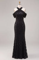Load image into Gallery viewer, Sparkly Black Mermaid Cold Shoulder Sequins Long Formal Dress