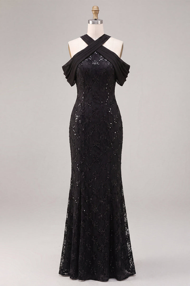 Load image into Gallery viewer, Sparkly Black Mermaid Cold Shoulder Sequins Long Formal Dress