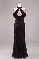 Load image into Gallery viewer, Sparkly Black Mermaid Cold Shoulder Sequins Long Formal Dress