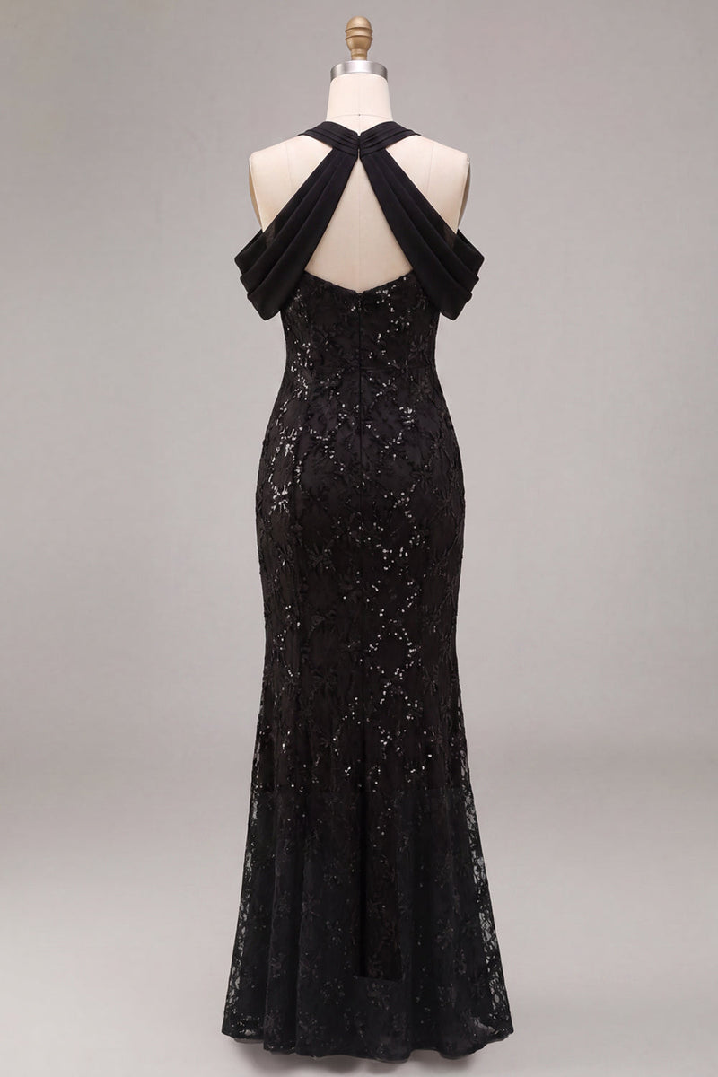 Load image into Gallery viewer, Sparkly Black Mermaid Cold Shoulder Sequins Long Formal Dress