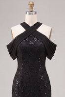 Load image into Gallery viewer, Sparkly Black Mermaid Cold Shoulder Sequins Long Formal Dress