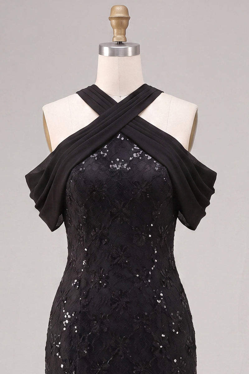 Load image into Gallery viewer, Sparkly Black Mermaid Cold Shoulder Sequins Long Formal Dress
