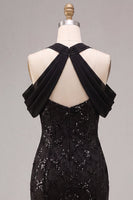 Load image into Gallery viewer, Sparkly Black Mermaid Cold Shoulder Sequins Long Formal Dress