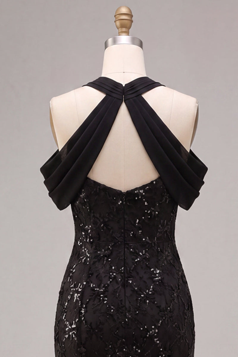 Load image into Gallery viewer, Sparkly Black Mermaid Cold Shoulder Sequins Long Formal Dress