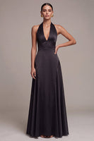 Load image into Gallery viewer, A Line Black Halter V Neck Satin Ruched Long Formal Dress