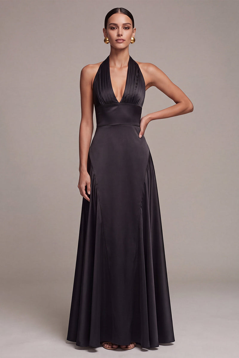 Load image into Gallery viewer, A Line Black Halter V Neck Satin Ruched Long Formal Dress