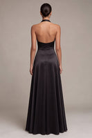 Load image into Gallery viewer, A Line Black Halter V Neck Satin Ruched Long Formal Dress