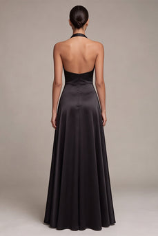 A Line Black Halter V Neck Satin Ruched Long Formal Dress