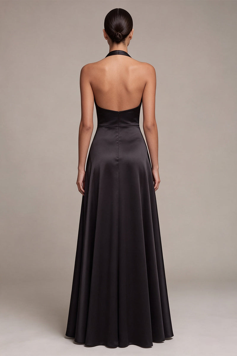 Load image into Gallery viewer, A Line Black Halter V Neck Satin Ruched Long Formal Dress