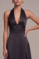 Load image into Gallery viewer, A Line Black Halter V Neck Satin Ruched Long Formal Dress