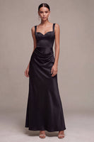 Load image into Gallery viewer, Black Satin Draped Thick Straps Mermaid Long Formal Dress