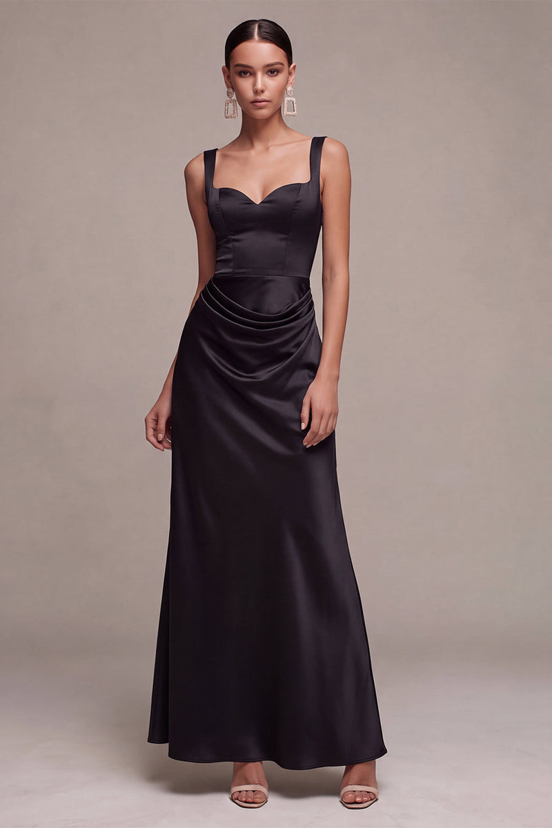 Load image into Gallery viewer, Black Satin Draped Thick Straps Mermaid Long Formal Dress