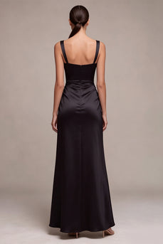Black Satin Draped Thick Straps Mermaid Long Formal Dress