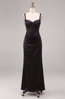 Load image into Gallery viewer, Black Satin Draped Thick Straps Mermaid Long Formal Dress