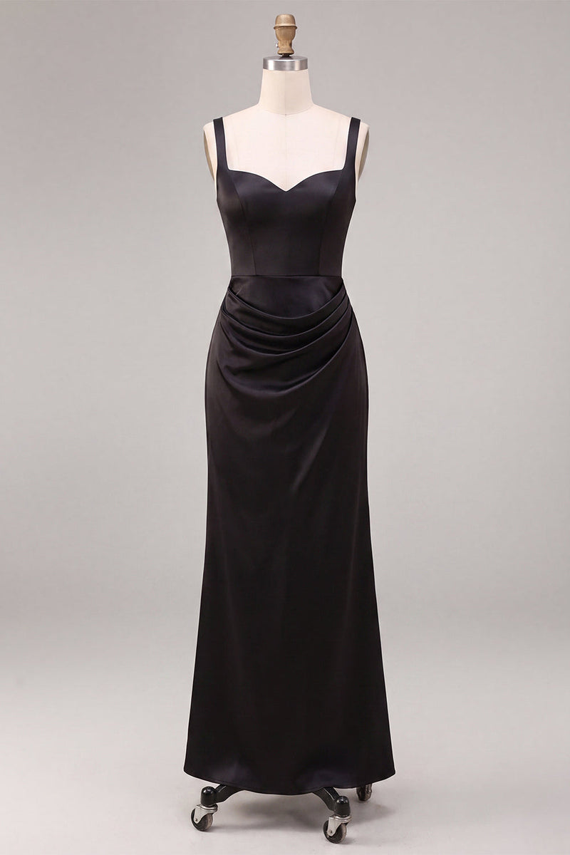 Load image into Gallery viewer, Black Satin Draped Thick Straps Mermaid Long Formal Dress
