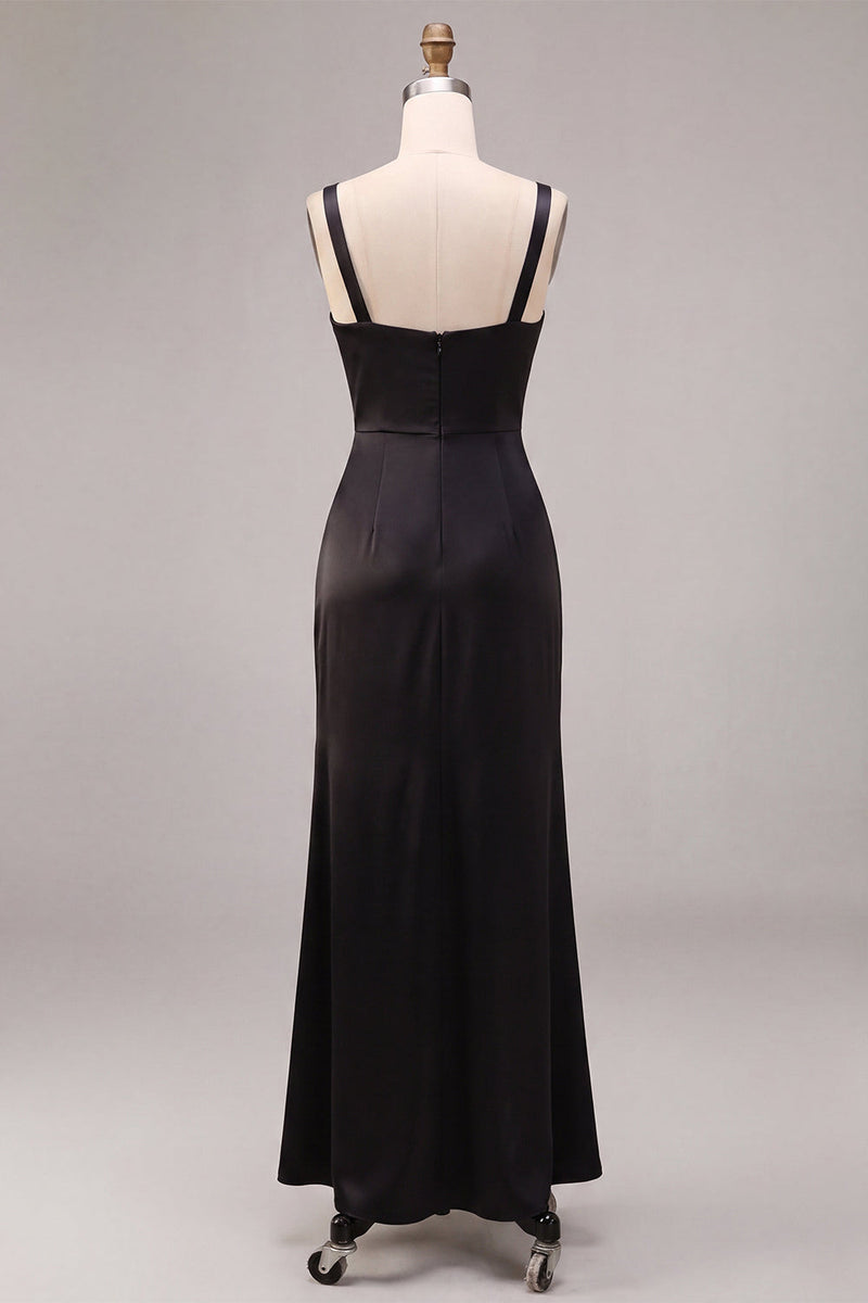 Load image into Gallery viewer, Black Satin Draped Thick Straps Mermaid Long Formal Dress