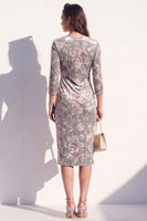 Load image into Gallery viewer, Sparkly Grey Floral Velvet V-Neck Bodycon Midi Work Dress with Sash