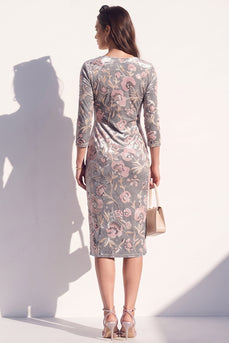 Sparkly Grey Floral Velvet V-Neck Bodycon Midi Work Dress with Sash