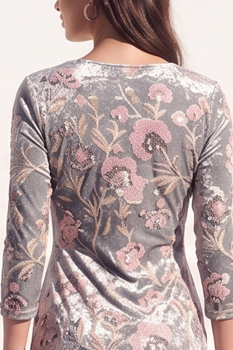 Load image into Gallery viewer, Sparkly Grey Floral Velvet V-Neck Bodycon Midi Work Dress with Sash