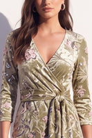 Load image into Gallery viewer, Sparkly Grey Floral Velvet V-Neck Bodycon Midi Work Dress with Sash