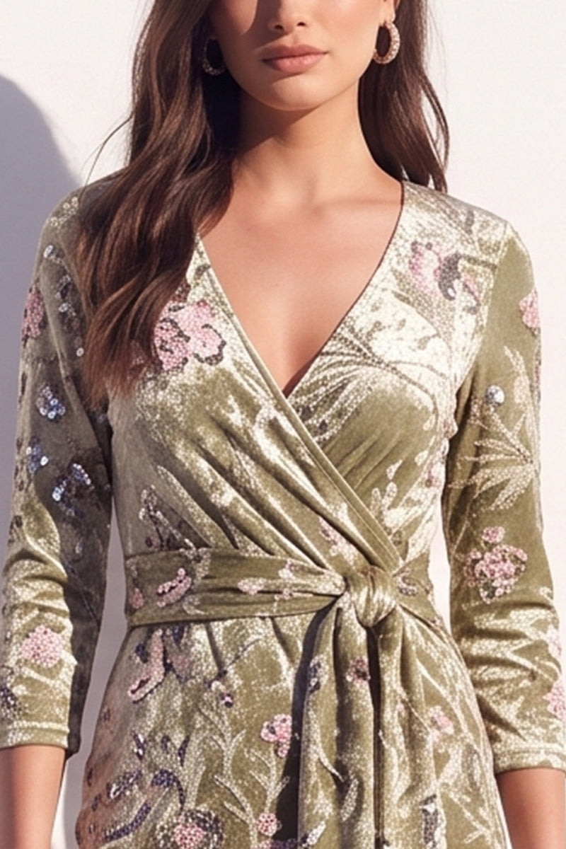 Load image into Gallery viewer, Sparkly Grey Floral Velvet V-Neck Bodycon Midi Work Dress with Sash