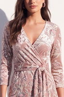 Load image into Gallery viewer, Sparkly Grey Floral Velvet V-Neck Bodycon Midi Work Dress with Sash