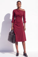 Load image into Gallery viewer, Light Purple A Line Ruched One Shoulder 3/4 Sleeves Midi Work Dress