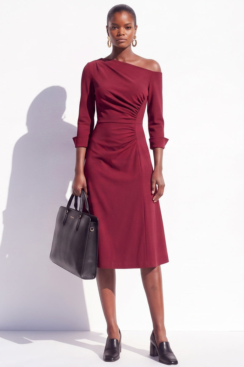 Load image into Gallery viewer, Light Purple A Line Ruched One Shoulder 3/4 Sleeves Midi Work Dress