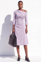 Load image into Gallery viewer, Light Purple A Line Ruched One Shoulder 3/4 Sleeves Midi Work Dress