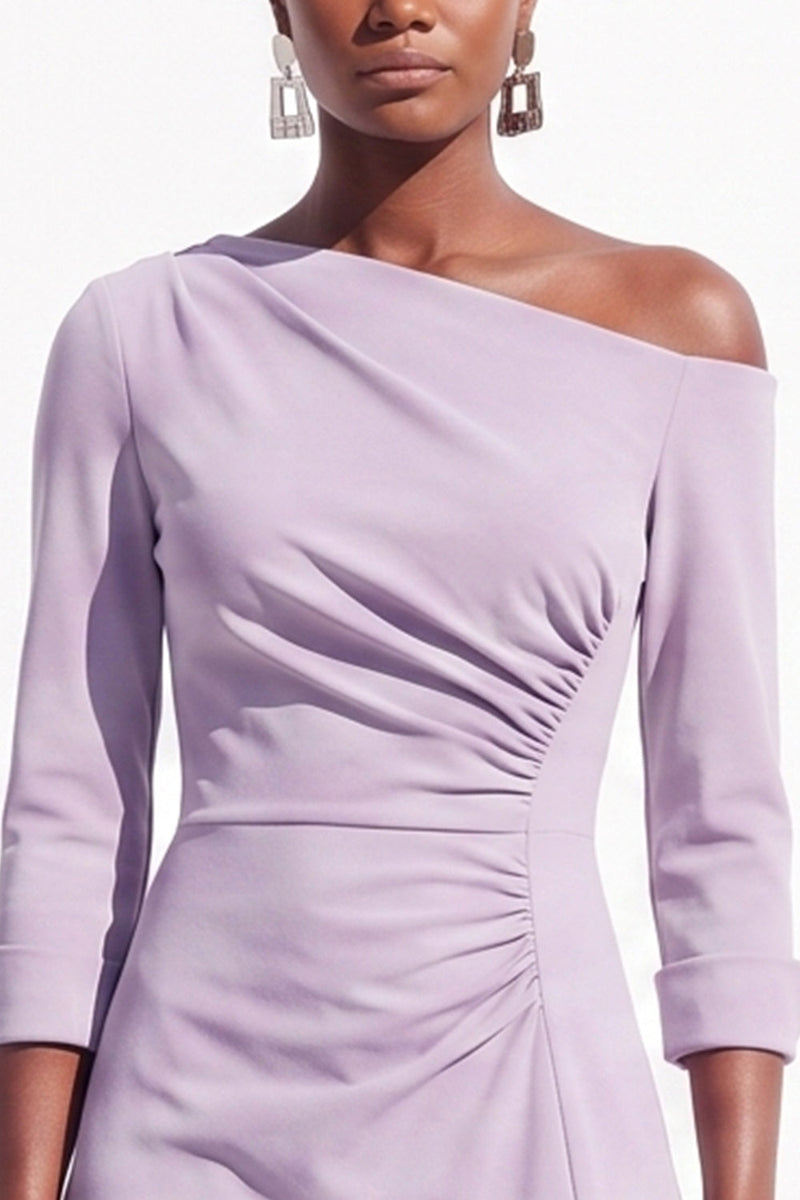 Load image into Gallery viewer, Light Purple A Line Ruched One Shoulder 3/4 Sleeves Midi Work Dress