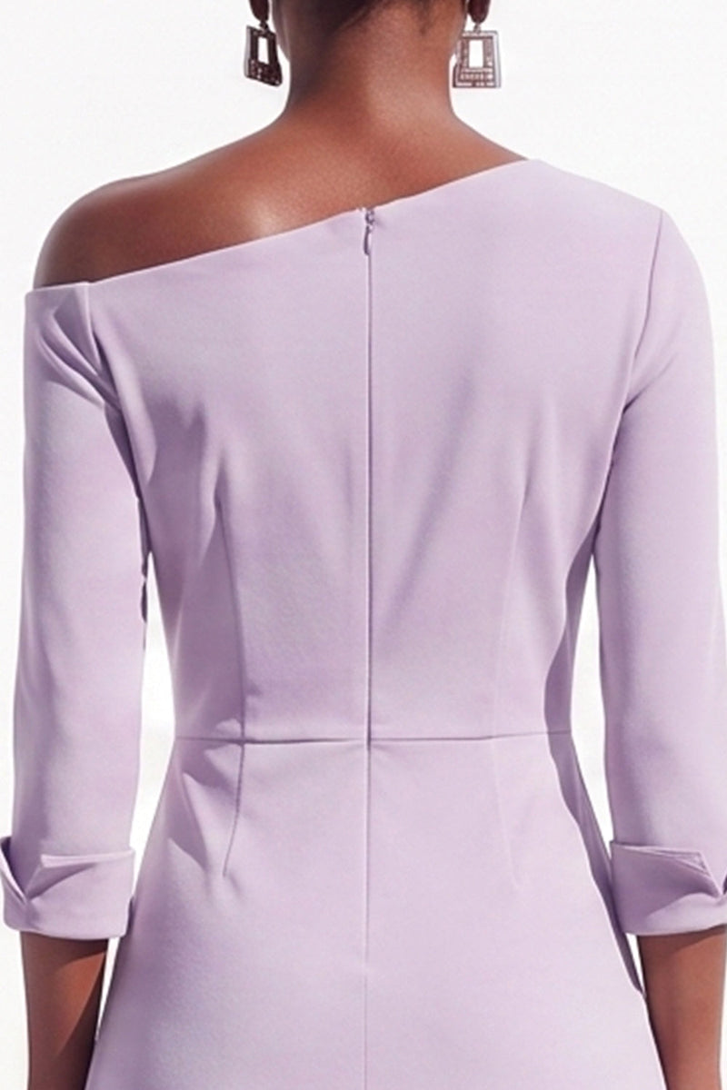 Load image into Gallery viewer, Light Purple A Line Ruched One Shoulder 3/4 Sleeves Midi Work Dress