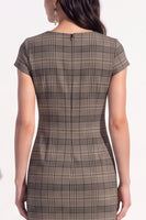 Load image into Gallery viewer, Coffee Grid V-Neck Tight Cap Sleeves Short Work Dress with Bow