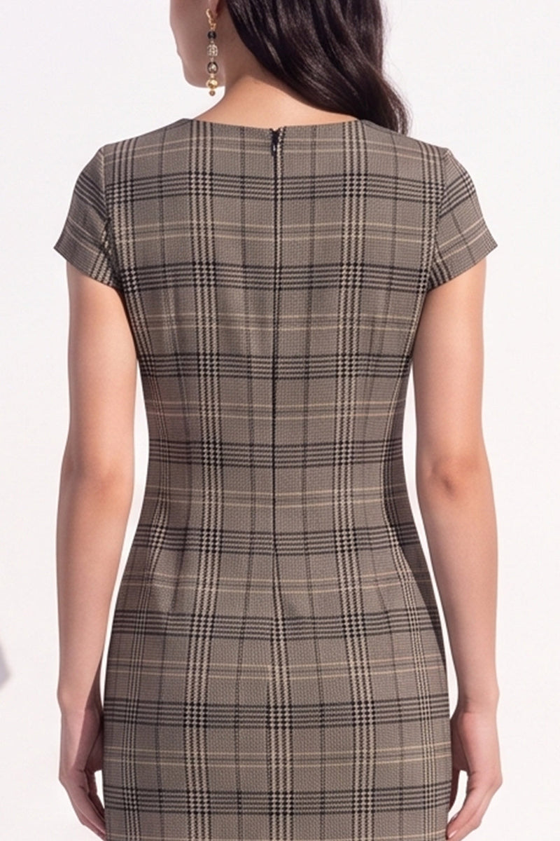 Load image into Gallery viewer, Coffee Grid V-Neck Tight Cap Sleeves Short Work Dress with Bow