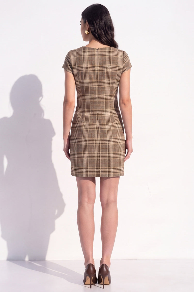 Load image into Gallery viewer, Coffee Grid V-Neck Tight Cap Sleeves Short Work Dress with Bow