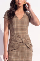 Load image into Gallery viewer, Coffee Grid V-Neck Tight Cap Sleeves Short Work Dress with Bow