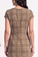 Load image into Gallery viewer, Coffee Grid V-Neck Tight Cap Sleeves Short Work Dress with Bow